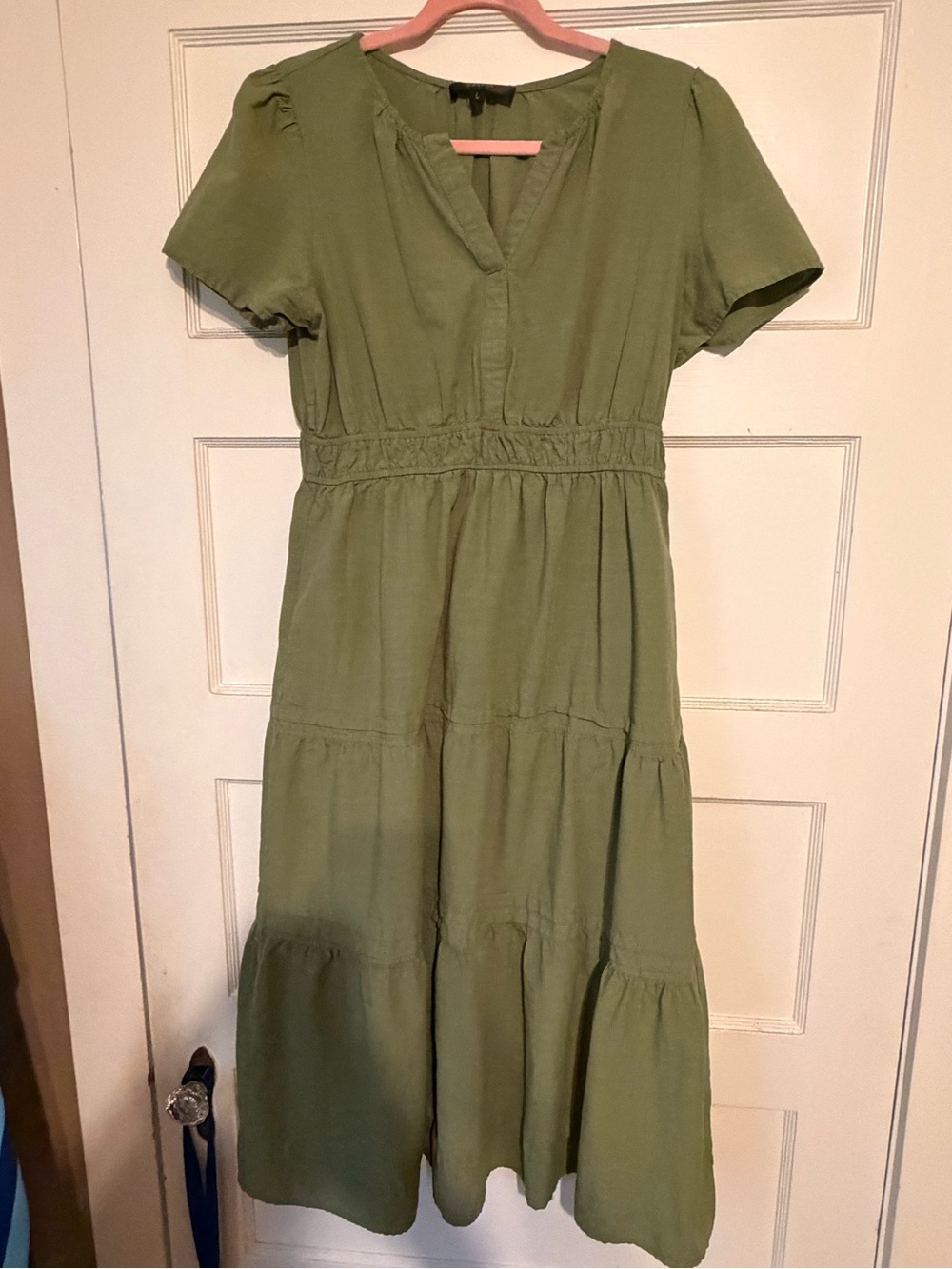 Olive Green Tiered Midi Dress with Smocked Waist